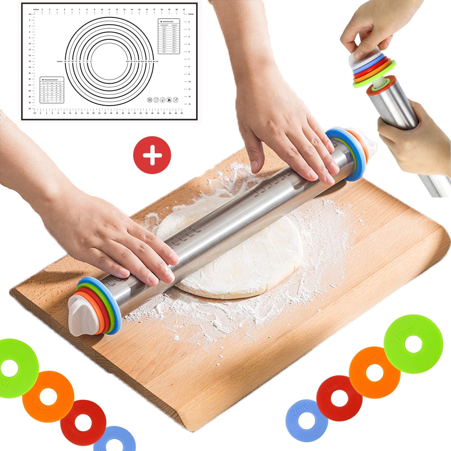 Rolling Pin for Baking - Stainless Steel Rolling Pins with Adjustable Thickness Rings and Silicone Baking Mat, 17 inch Large Heavy Duty Roller for Baking Dough, Pizza, Pie, Pastries, Pasta