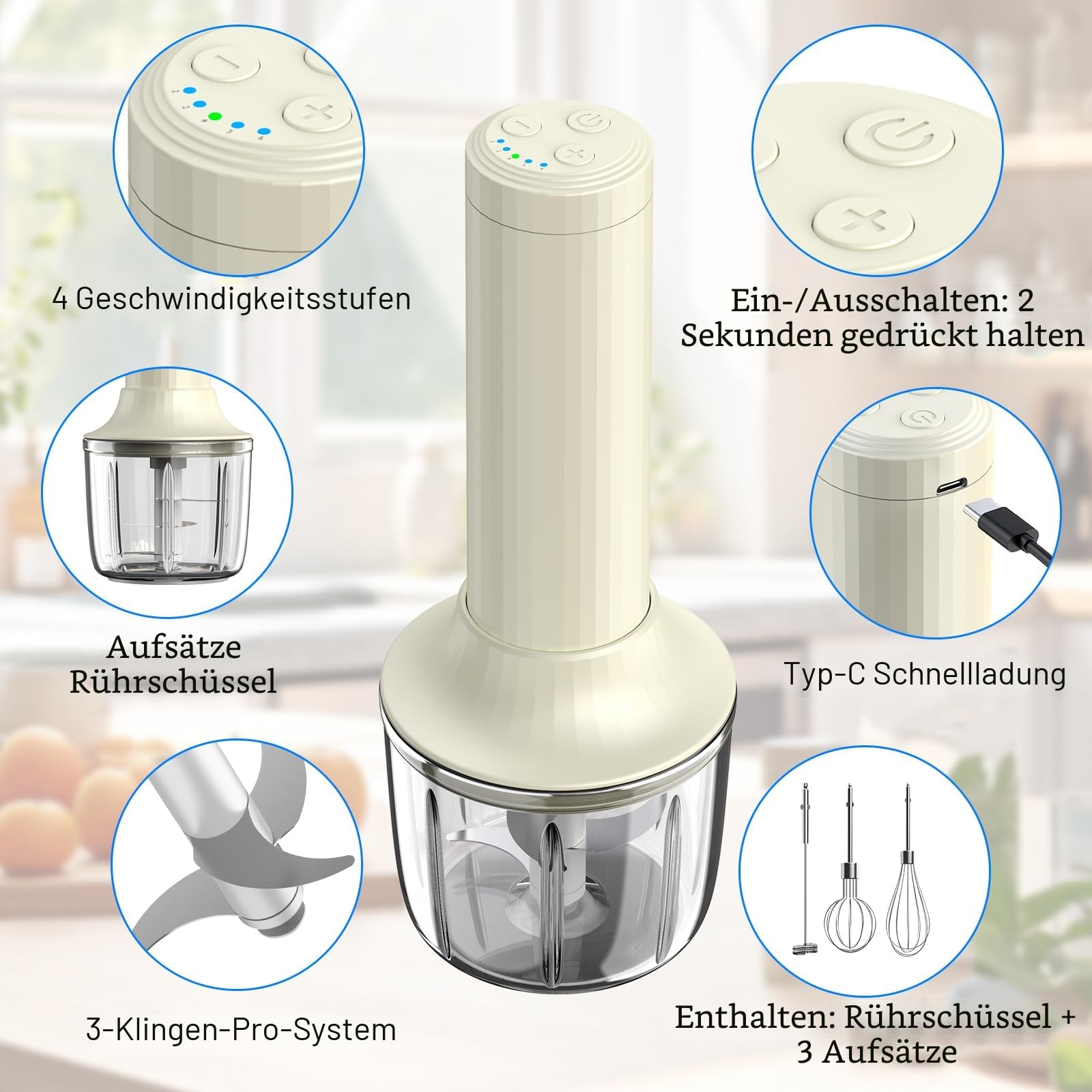 Akku-Handmixer MixgoII, Elektrischer Schneebesen & Milchaufschäumer, Mini Mixer, wiederaufladbarer Handmixer und Schnurrhaar, Küchenmaschine zum Kochen, Lebensmittelzerkleinerer 6