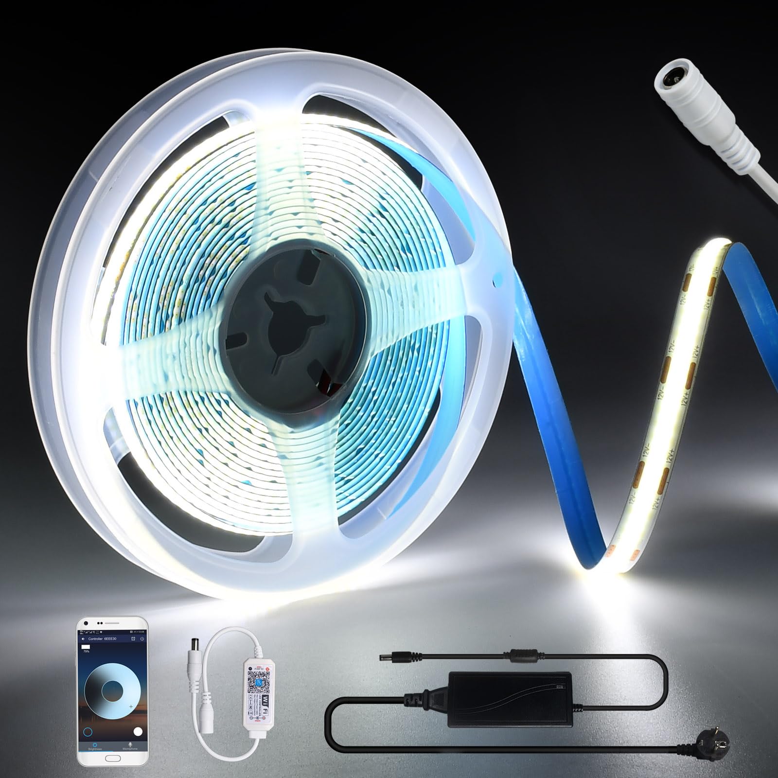 INDARUN Smart WiFi Cool White 6000K Cob Led Strip Light DC12V 5A, Dimmable Led Strip Set with APP Control, 5m Led Tape Light Kit 320LEDs/Meter for Home Decoration — image 1