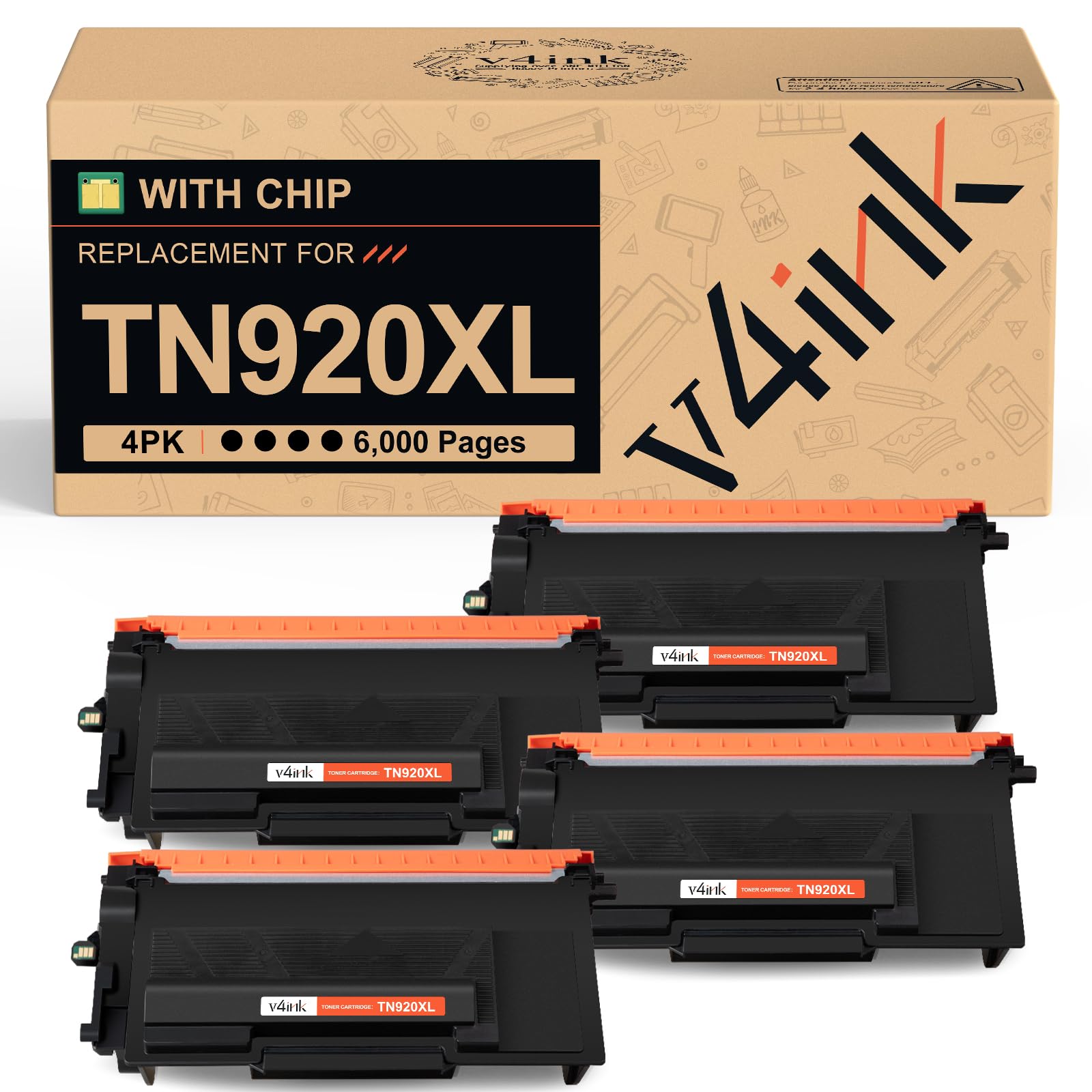 v4ink TN920XL Compatible Toner Cartridge Replacement for Brother TN920XL 920XL TN920 for Use in Priner DCP-L5510DN HL-L6210DWT HL-L5210DN HL-L5210DWT HL-L6210DW HL-L5210DW High-Yield Black 4-Pack Image