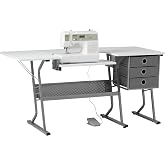 Sew Ready Eclipse Ultra Sewing Table, 60.25" Crafting &amp; Quilting Workstation with Adjustable Machine Shelf, Storage Drawers &amp; Metal Frame, Silver/White