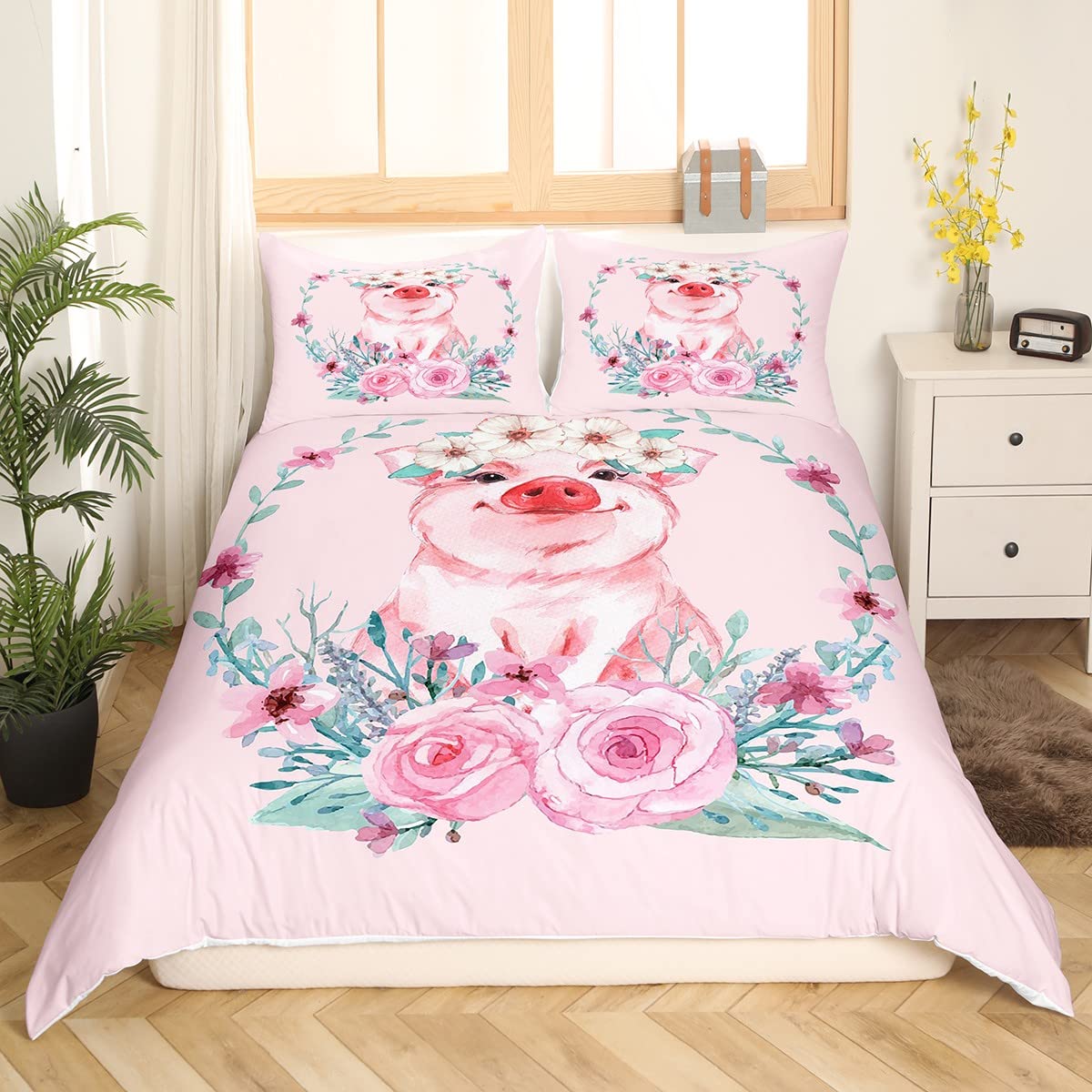 richhome Pink Pig Bedding Set Double Size,Cute Animal Pig Print Comforter Covers with 2 Pillowcases,Romantic Rose Duvet Cover 3 Piece,Flowers Floral Cartoon Quilt Cover for Kids Boys Girls Room Decor