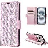 Cavdycidy Compatible with iPhone 17 Pro Max 6.9" Bling Wallet Case with Credit Card Holder,Women Glitter Flip Phone Case Sparkle Rhinestone,RFID Blocking PU Leather Kickstand Shockproof Cover(Pink)