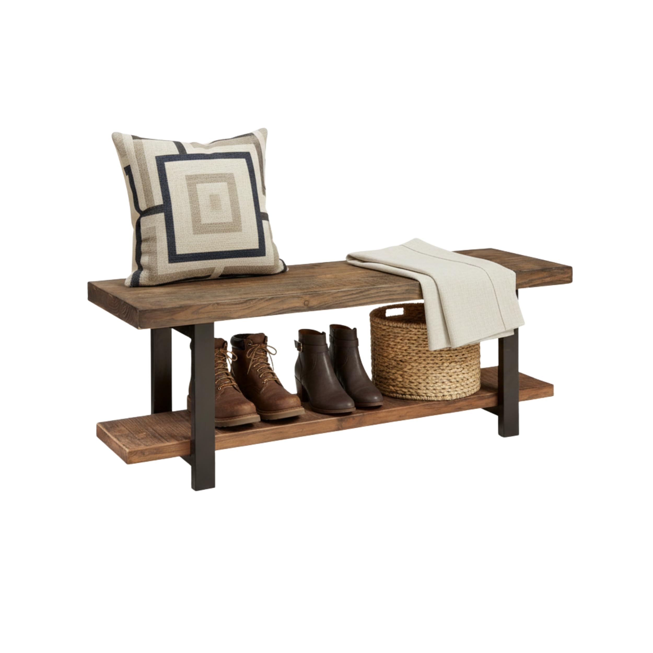 Alaterre Furniture Pomona Entryway Bench – Modern Rustic 48-Inch Solid Wood Bench with Open Bottom Storage Shelf – Farmhouse Hallway Seating for Mudroom or Foyer (Rustic Brown)