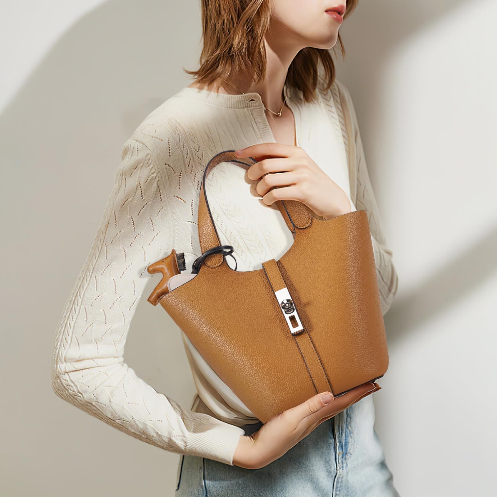 Kadynow Tote Bag for Women Vegan Leather Bucket Purse for Women Top Handle Handbag Shoulder Bag with Detachable Small Purse