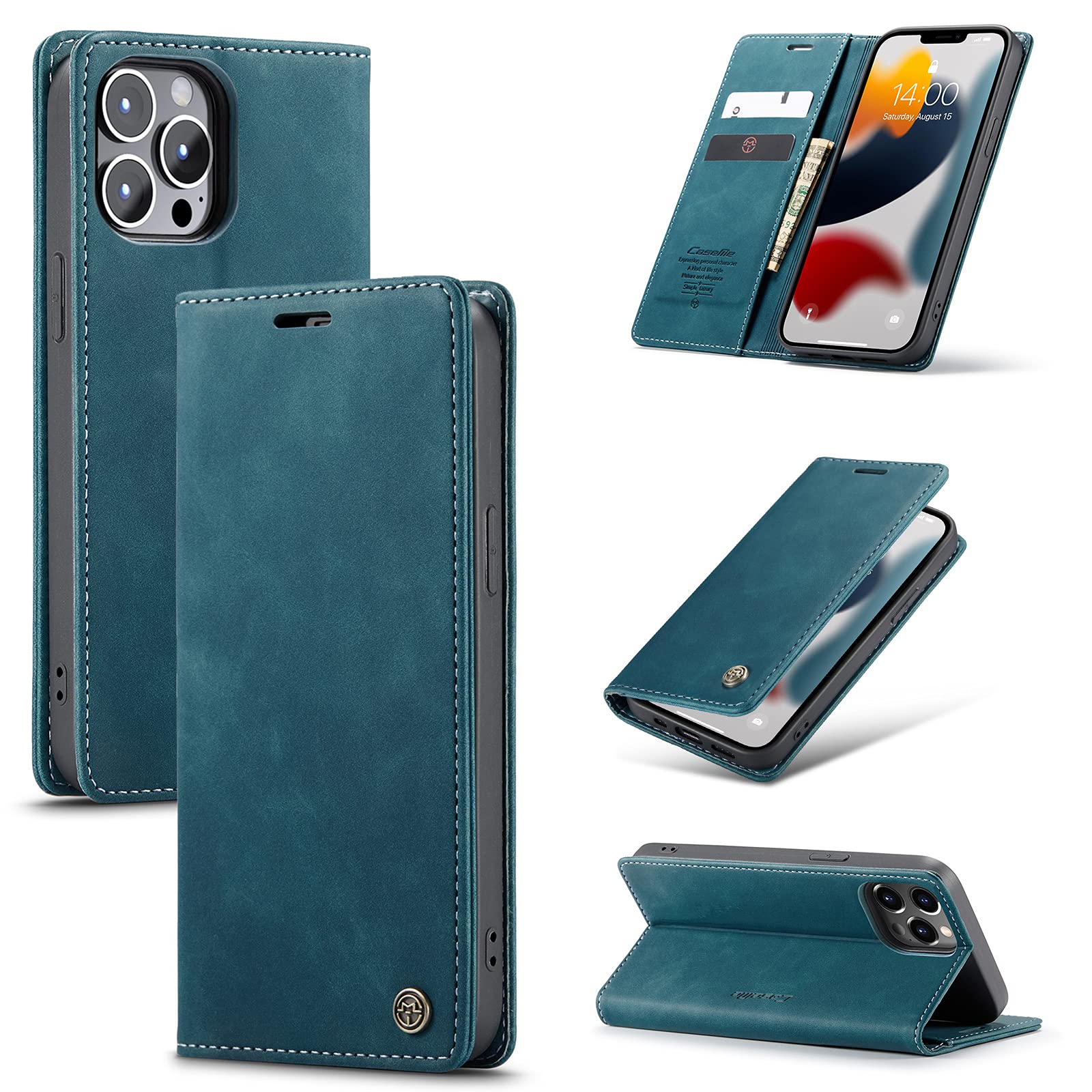 UFinetech Case for iPhone 13 Pro, Shockproof Anti-scratch Cover with iPhone 13 Pro (6.1”), Leather TPU Slim Soft Flip Folio Magnetic Closure Kickstand Card Holder Wallet 2-in-1 Camera Protector, Blue