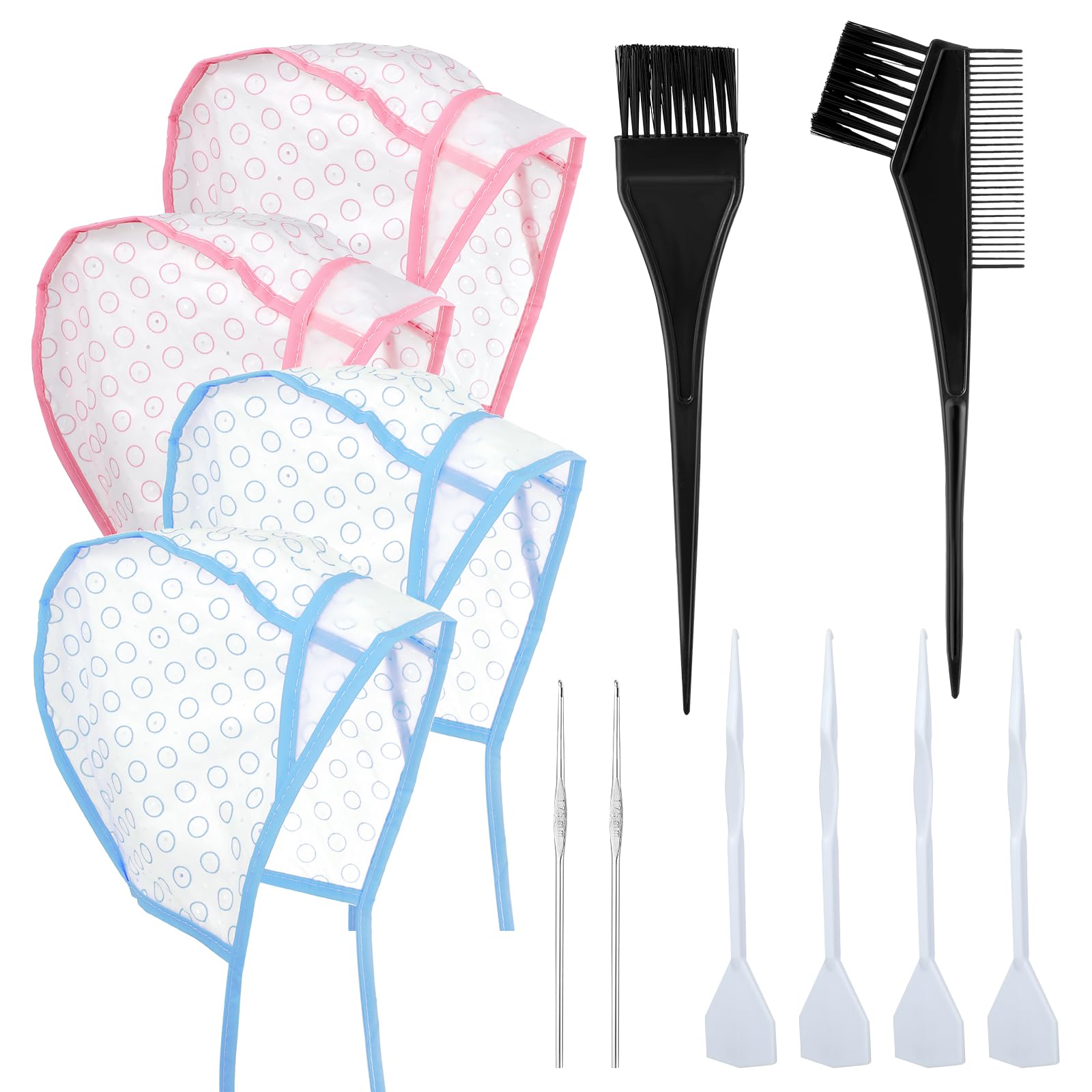 Bewudy 12 Pcs 4 Sets of Highlight Cap with Hooks, Hair Highlighting Caps, Highlight Hair Coloring Frosting Dye Kit for Salon Hair Dyeing Hairdressing(Blue+Pink)