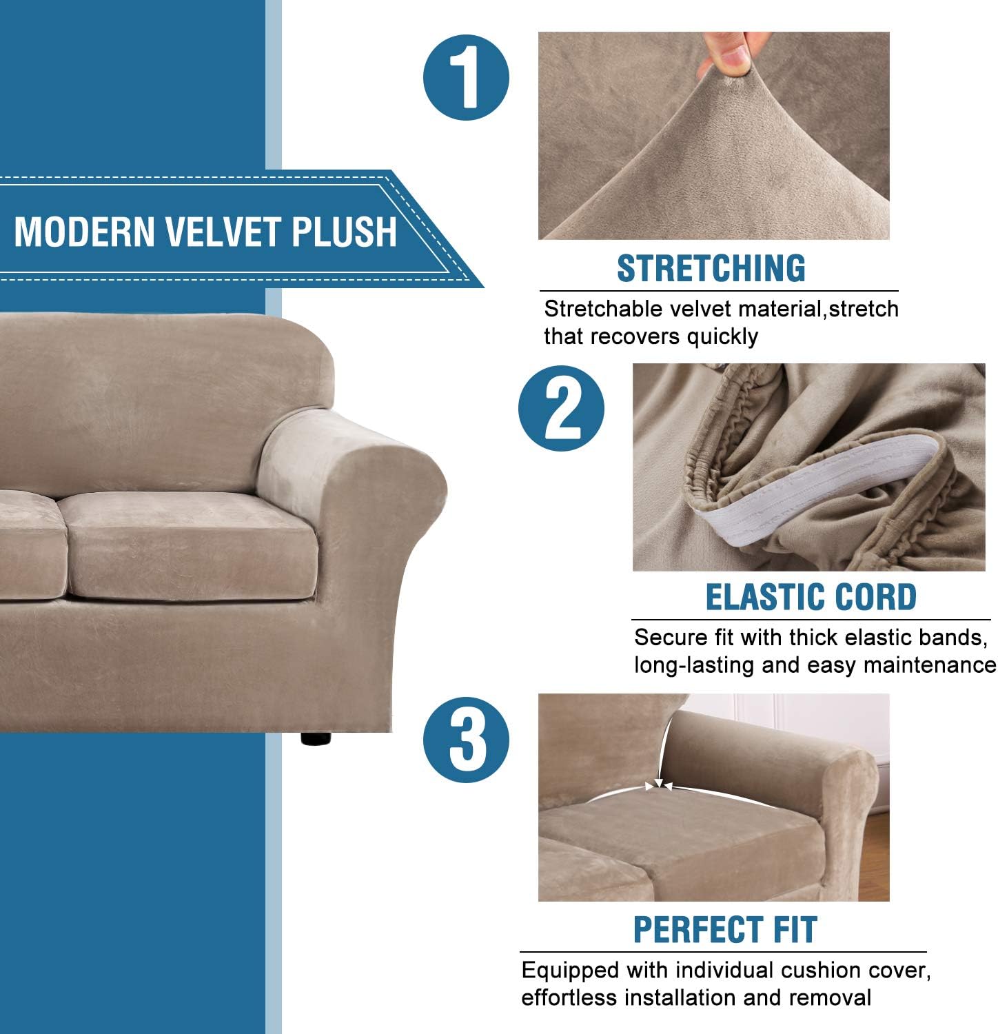 Rich Velvet Stretch 2 Piece Chair Cover Chair Slipcover Sofa Cover Furniture Protector Couch Soft with Elastic Bottom Chair Couch Cover with Arms, Machine Washable(Chair,Camel): Kitchen & Dining