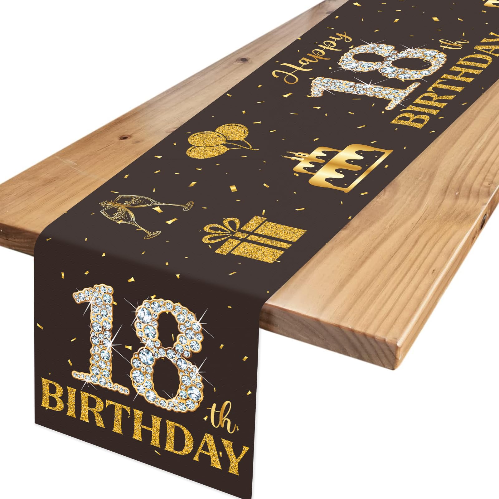 18th Birthday Table Runner Boys Girls, Black Gold Glitter 18th Birthday Decorations for Him Her, Number 18 Table Centrepiece Decoration for 18th Birthday Party Favor Photo Booth Props, 180x35cm