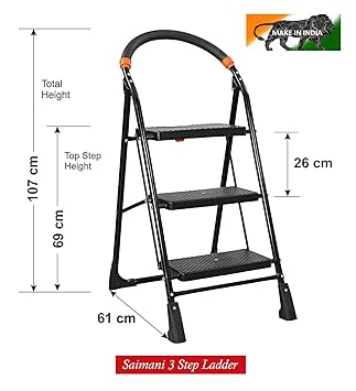 Saimani 3 Step Ladder  Folding Ladder  Ladder  Mild Steel Powder Coated Ladder  Black Color