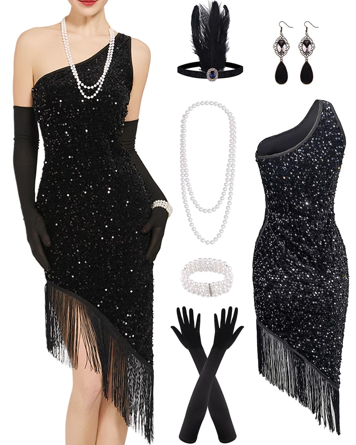 Photo 1 of **PARTIAL SET DRESS ONLY MISSING ACCESSORIES** Verceco Flapper Dresses 1920s Fringed Dresses for Women Halloween Costume Flapper Dress Shawl Wrap 20s Accessories Costumes (Black Large)