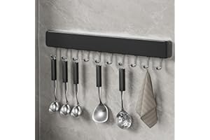 Kitchen Utensil Hanger Wall Mounted Hooks, No Drilling Removable and Adjustable Hooks Kitchen Rail with 8 Hooks for Hanging C
