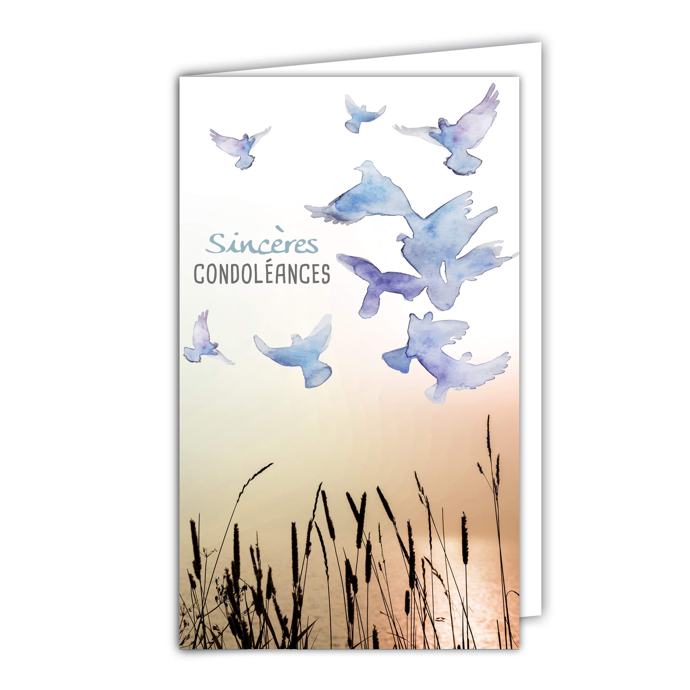 Small Grey Greetings Condolence Card - Dead Deuil Landscape - Peaceful Sunset - Flying Birds - Doves - Peace - Water - Lake - Grass - Made in France
