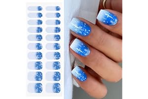 JMEOWIO Gel Nail Stickers Christmas Snowflake Blue White Semi Cured Gel Nail Strips Wraps UV/LED Nails Art Design Decoration Accessories