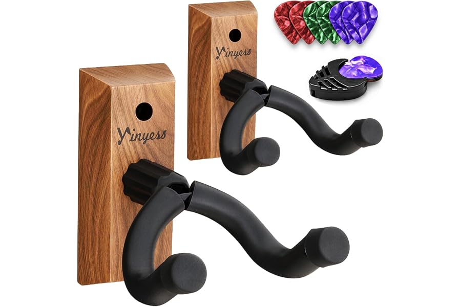 Guitar Wall Mount 2 Pack with Pick Holder and 6 Celluloid Picks, U-Shaped Walnut Wood Guitar Hanger, Guitar Holder Hook Stand Wall for Acoustic, Electric Guitar, Banjo, Bass, Guitar Accessory Gift