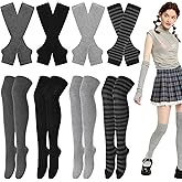 Joyibay 4 Sets Womens Striped Thigh High Socks, Y2K Knee High Socks,Women Long Knitted Arm Warmers Fingerless Gloves Punk Goth Clothes for Halloween Christmas