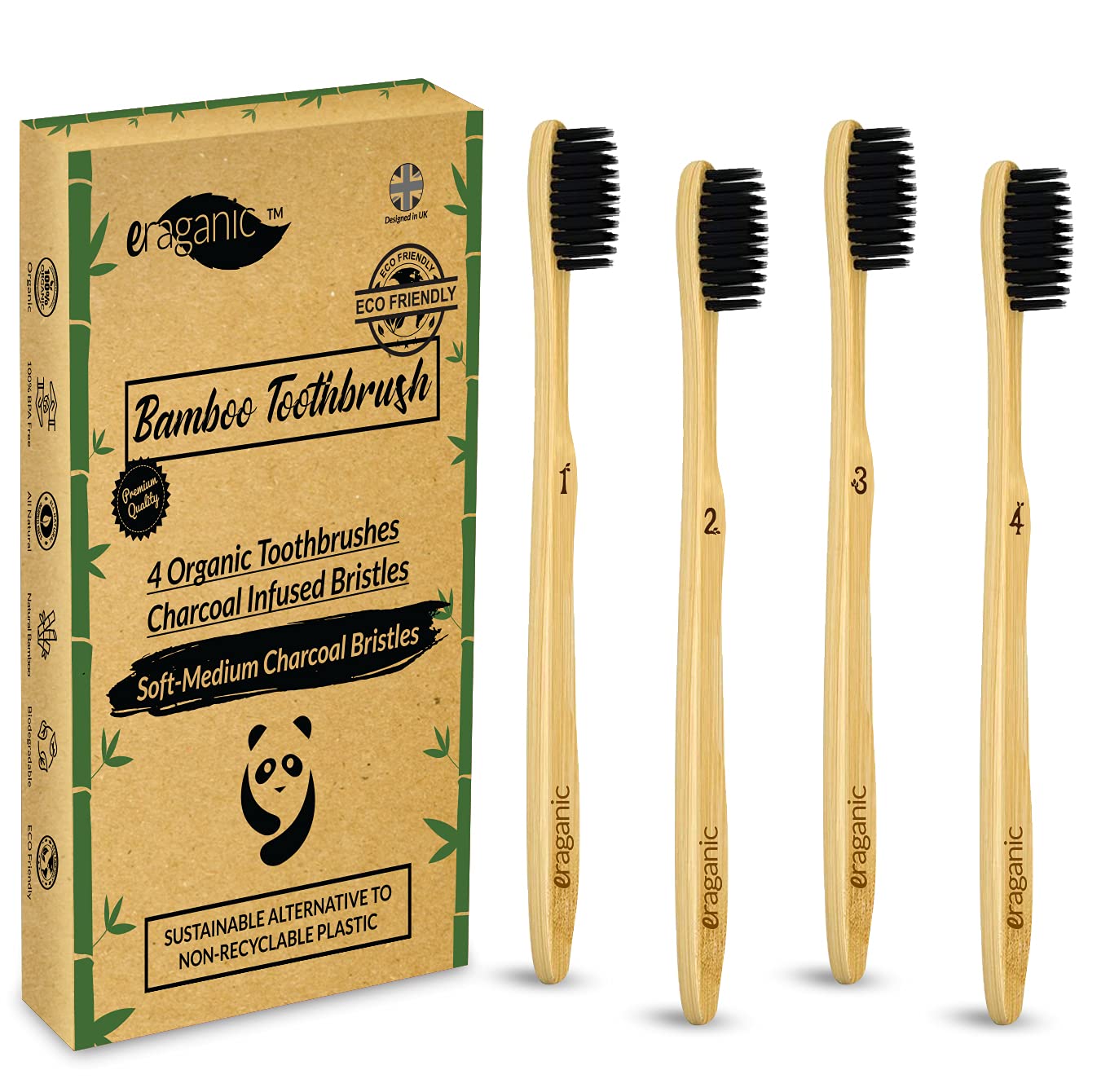 Eraganic Charcoal Bamboo Toothbrushes | Pack of 4 | Eco Friendly Products | Organic Biodegradable Wooden Toothbrush with Charcoal Infused Wavy Bristles | Plastic & BPA Free - Vegan