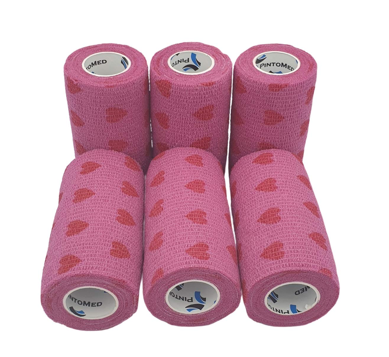 PintoMed – 6 x Pink & Hearts Draw x 10cm x 4.5m Cohesive Bandage Stretched, Self-Adhesive Flexible Bandages, First Aid Sports Wrap Bandages Pack Individually for Medical, Sports and Veterinary use.