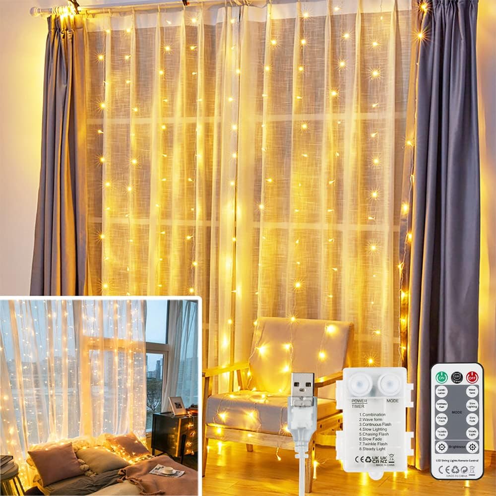 String Lights - YEOLEH String Lights Curtain USB or Battery Powered,Bedroom Fairy Curtain Lights for Wedding Wall Bedroom Christmas Decorations with Timer (Warm White,7.9Ft x 5.9Ft)
