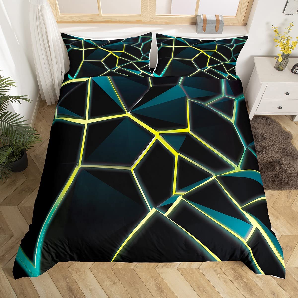 Yellow Blue Geometric Honeycomb Bedding Set Stereoscopic Hexagon Comforter Cover for Kids Boys Girls Beehive Hexagon Duvet Cover Geometric Bedspread Cover Room Decor Quilt Cover Single Boys — image 1