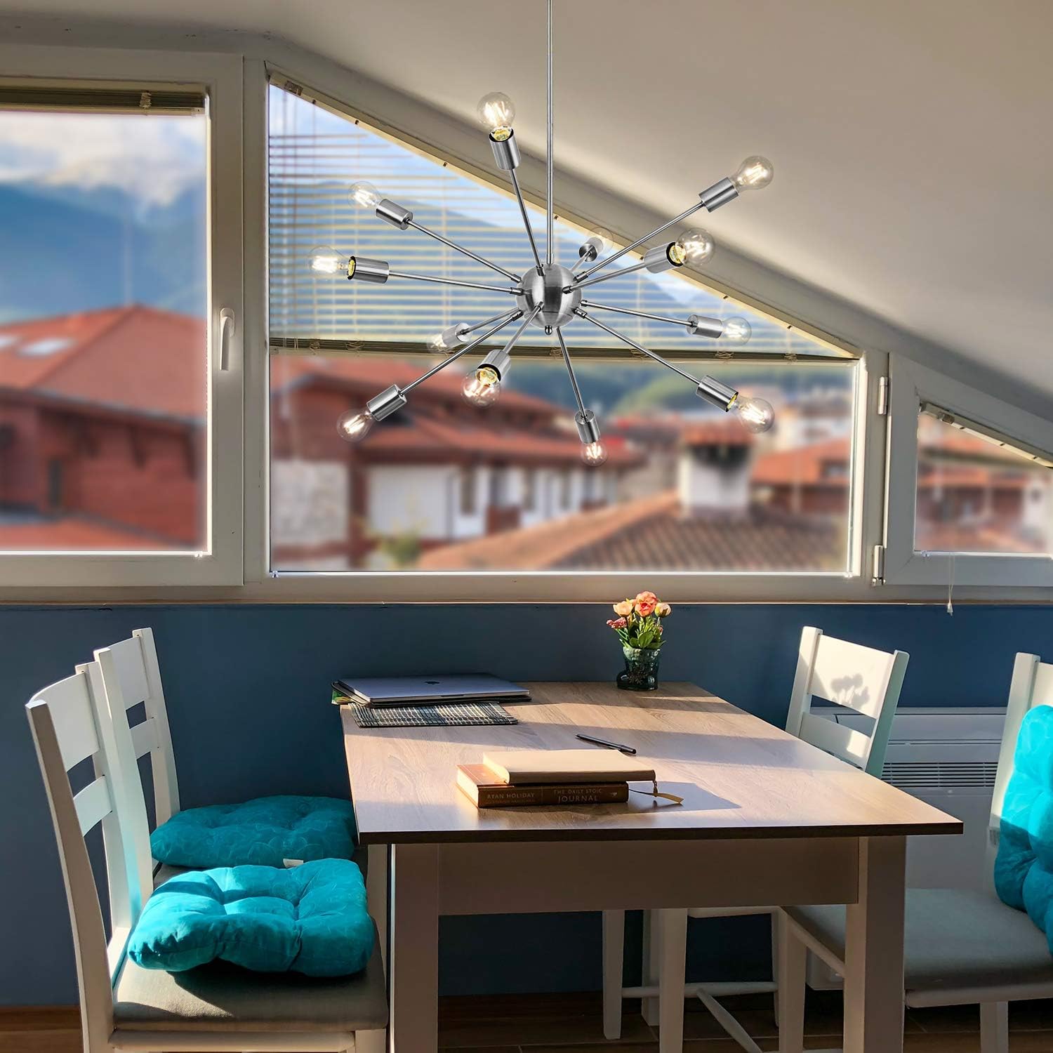 Modern Sputnik Chandeliers 12 Lights Mid Century Vintage Ceiling Light Fixture Industrial Pendant Lighting for Kitchen Dining Room Living Room Bedroom, Nickel - - 