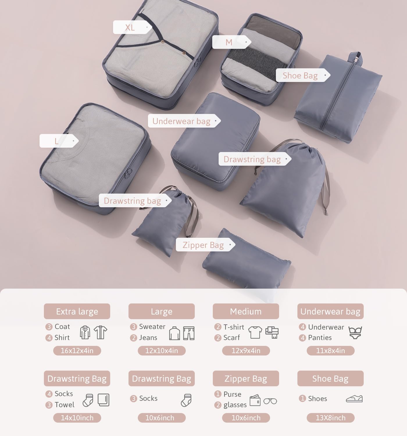 Meowoo 8-teilig Koffer Organizer Set, Packing Cubes, Packwürfel für Urlaub & Business, Reise Organizer mit Kleidertaschen, Gepäck Aufbewahrung Taschen, Ordnungssystem für Koffer (Grau) 6