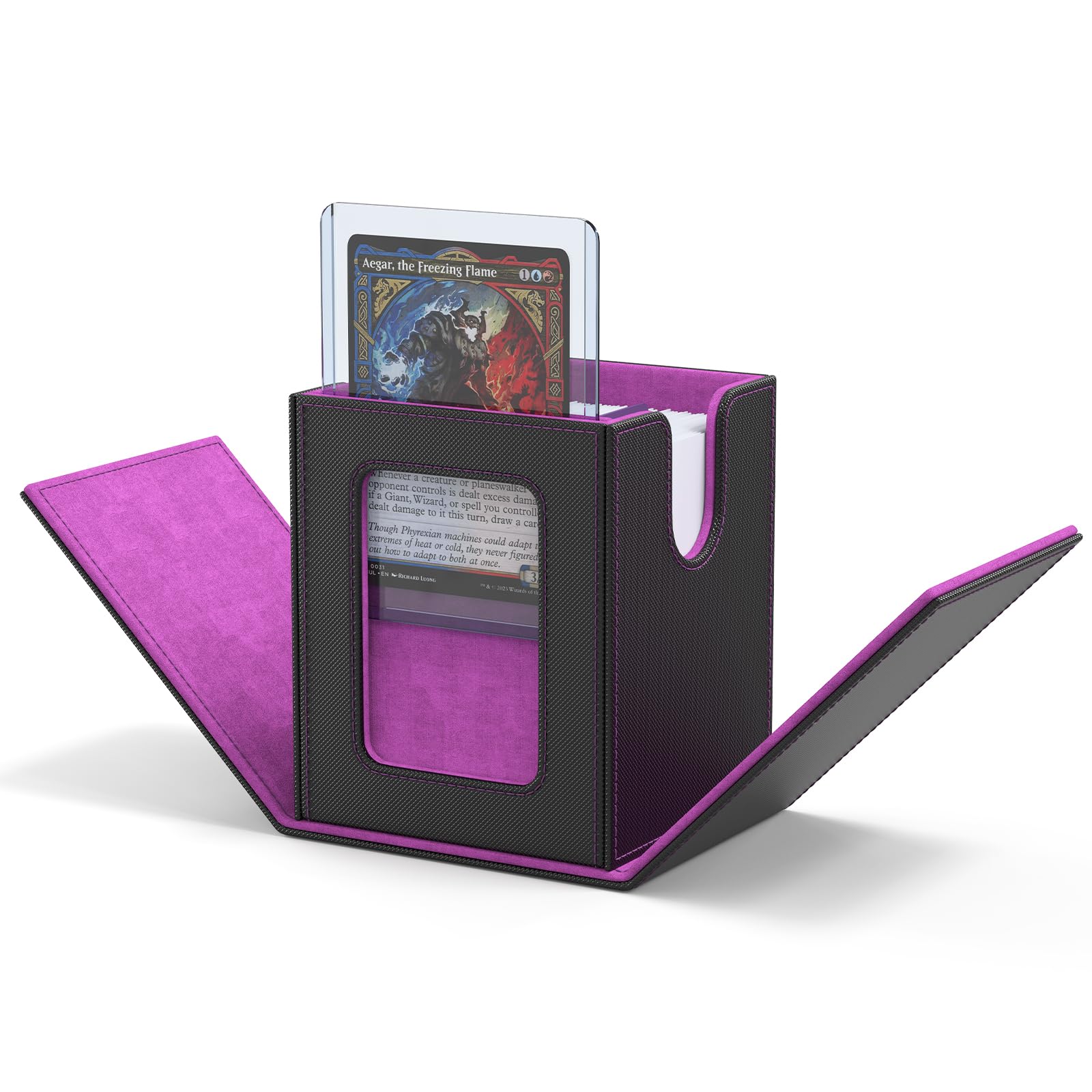 ZLCA MTG Deck Box with Commander Window Display, Trading Card Storage Box Holds 100 Double-Sleeved Cards Suitable for TCG/CCG/PTCG/EDH/Magic/Sport Cards (Black&Purple)