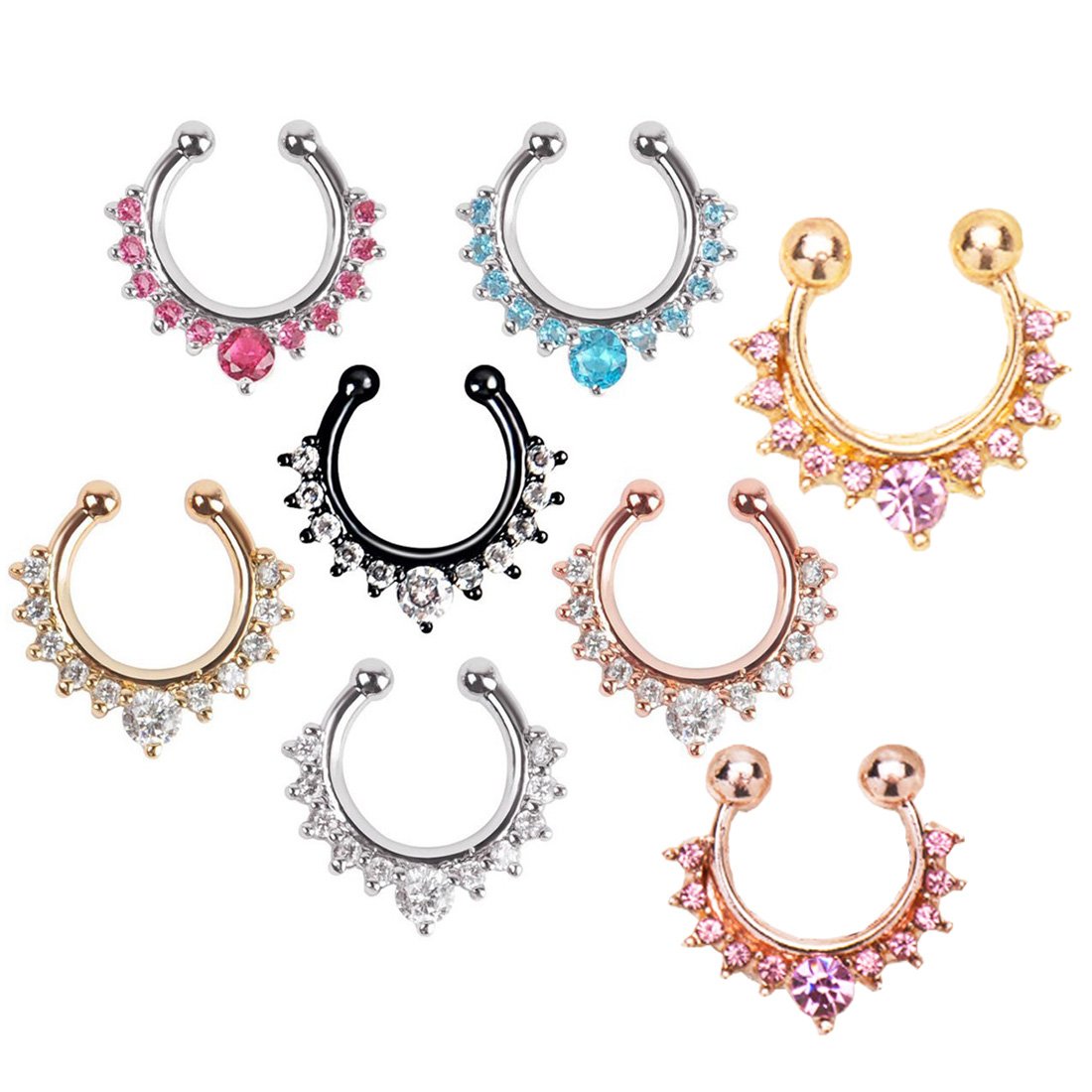 Septum Fake Nose Ring Jewelry,Women Girls Septum Ring Crystal Faux Nose Rings Non-Piercing Body Jewelry Clip On Clicker Black/Silver/Gold/Rose Gold- Gift Choice (8 PCS)