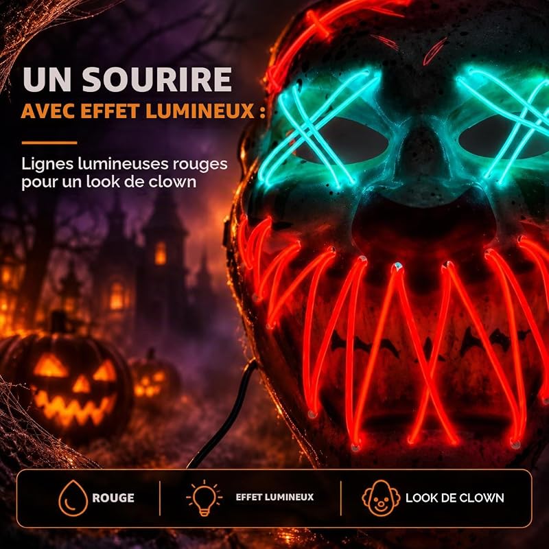 Masque de clown LED pour Halloween - Contrôlable à partir de Purge - Visage lumineux - Pour Halloween, déguisement et carnaval - En tant que costume pour homme et femme (choix — photo 6 sur 6