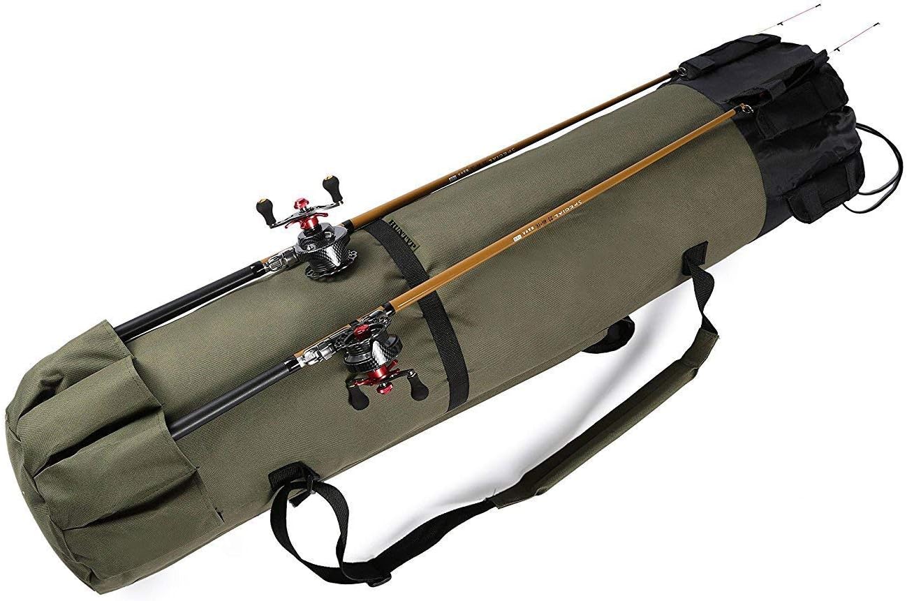 Allnice Durable Canvas Fishing Rod & Reel Organizer Bag Travel Carry Case Bag- Holds 5 Poles & Tackle (Khaki Green) : Sports & Outdoors