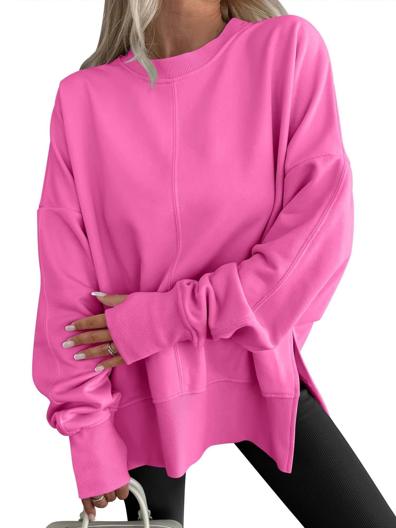 Photo 1 of ANRABESS Women Oversized Sweatshirts Thumbhole Long Sleeve Hoodies Shirts 2025 Fall Side Slit Pullover Top Teen Y2k Outfits Hot Pink Medium