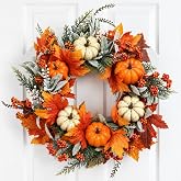 Fall Decor Wreaths for Front Door, 20 Inch Autumn Wreath with Pumpkins | Wreath with Lambs Ear Orange Maple Leaves & Berries for Wall Indoor&Outdoor Farmhouse Harvest Thanksgiving Halloween