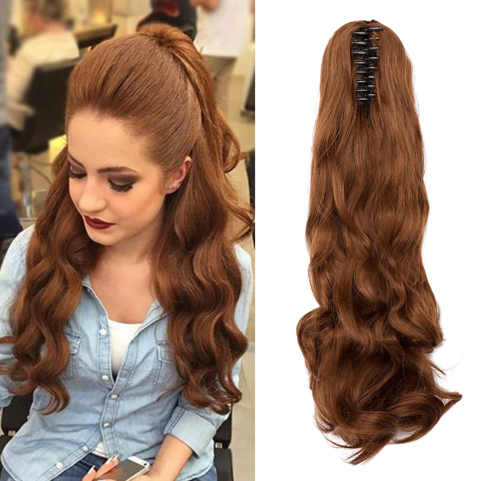 Cybelleza Claw on Ponytail Clip in Hair Extension Curly Wavy Jaw Pony Tail One Piece Synthetic Hairpiece Long Natural for Women, Auburn