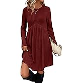 OFEEFAN Long Sleeve Dress for Women Crew Neck Empire Waist Tunic Dress with Pockets