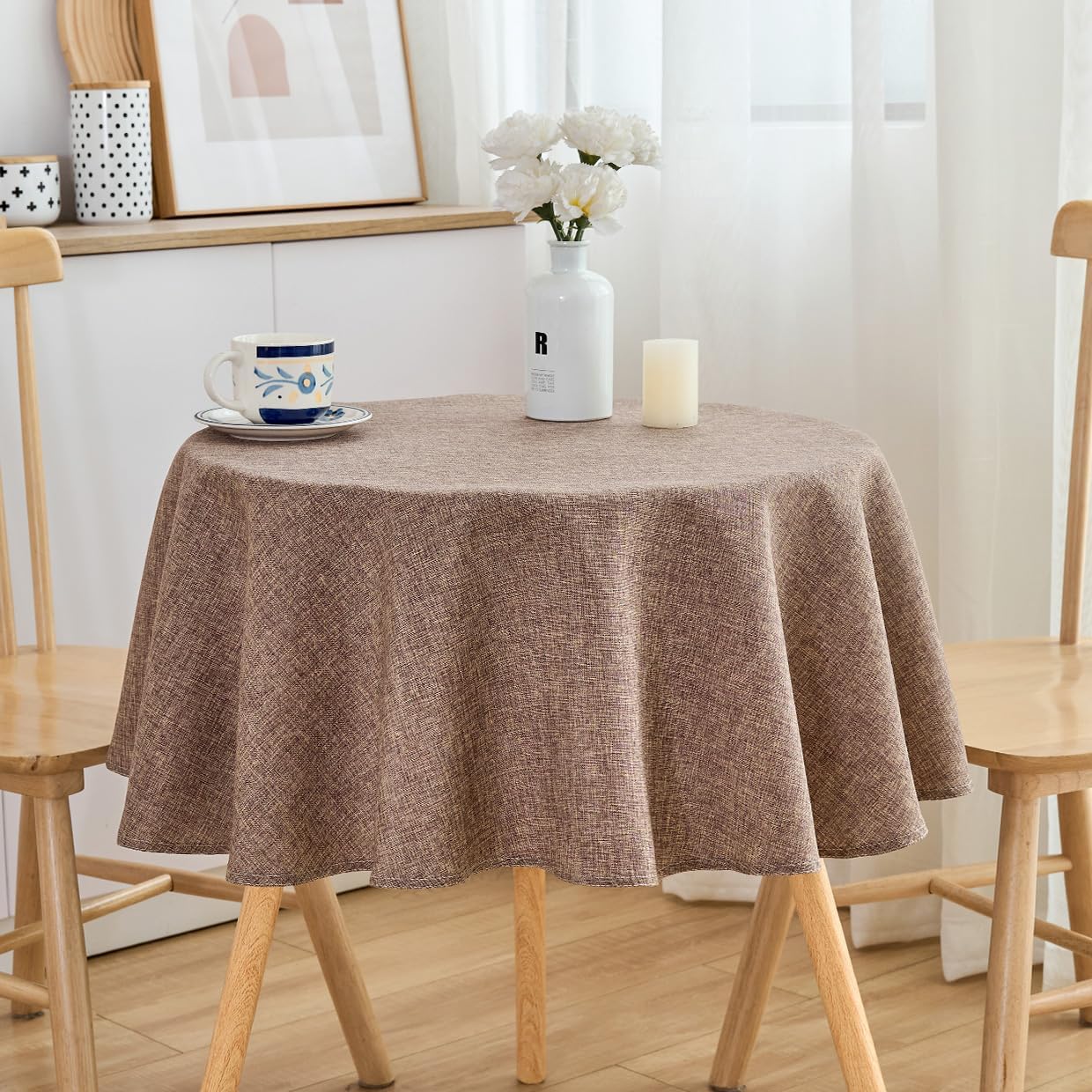 SPRICA Round Tablecloth 120cm Diameter Water Resistance Linen Texture Spill Proof Wipeable Table Cover Solid Colour Circle Cover, Brown — image 1