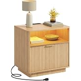 Fluted Nightstand with Charging Station, LED Lights and Hidden Drawer | Bedside Table with 2 Drawer, Wood End Table Mid Century Night Stands for Bedroom, 22.4" W x 15.7" D x 22.4" H, Natural Oak