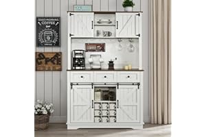 4 EVER WINNER Farmhouse Kitchen Pantry Cabinet with Storage Hutch, 72" Tall Coffee Bar Cabinet with 3 Storage Drawers, Wine & Glass Holder, Microwave Stand Bakers Rack Buffet Sideboard for Dinning Room, White