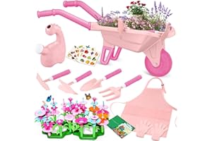 Qtioucp 16Pcs Kids Gardening Tools Outdoor Toys Set Backyard Play with 93 PCS DIY Flower Garden Building Preschool Activities (Pink)