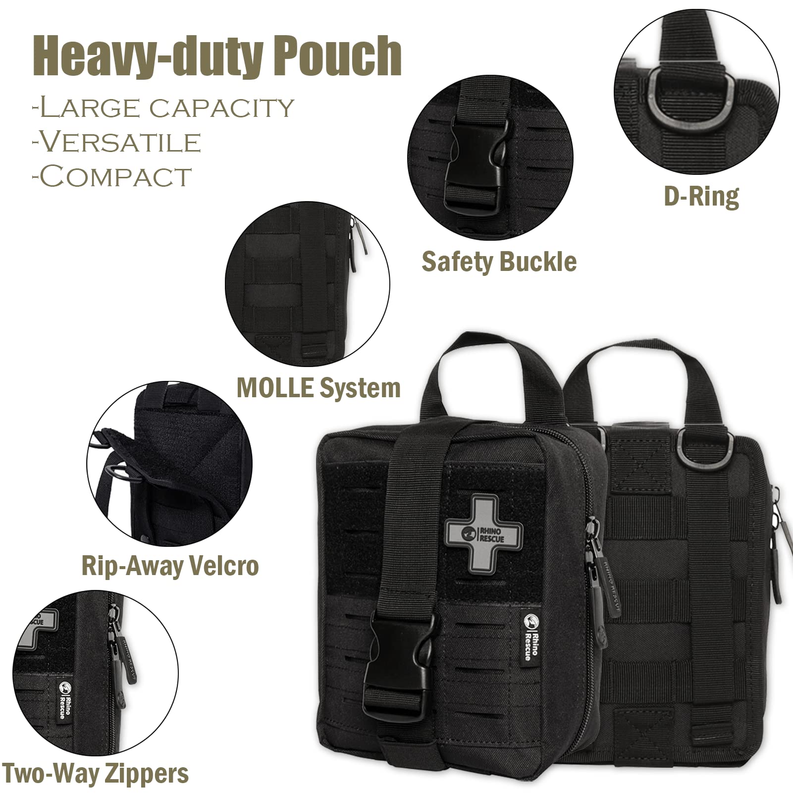 RHINO RESCUE IFAK First Aid Trauma Kit FSA HSA Eligible Molle Medical Pouch for Tactical Military Car Travel Hiking (Black)