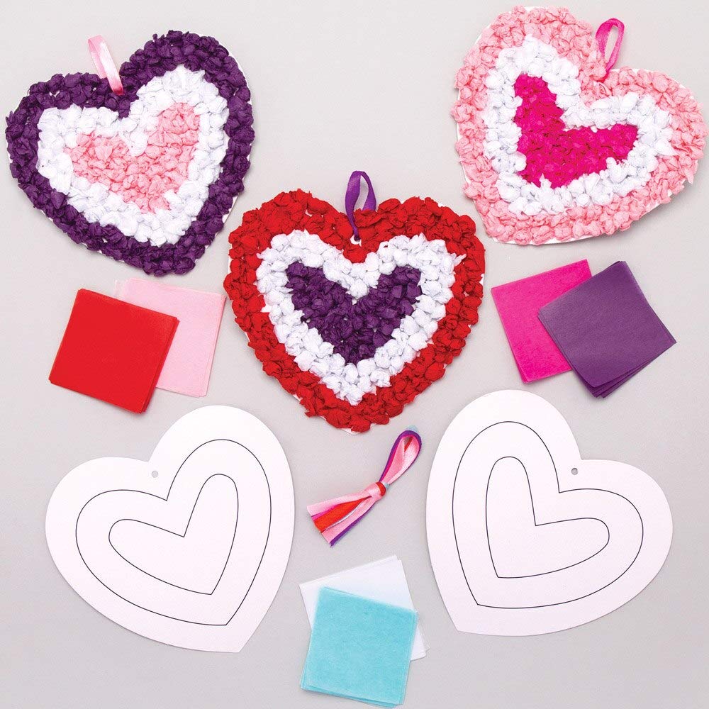 Baker Ross AT365 Heart Tissue Craft Ornament Kits - Pack of 5, Creative Valentine's Day Art And Craft Supplies For Kids To Make And Decorate