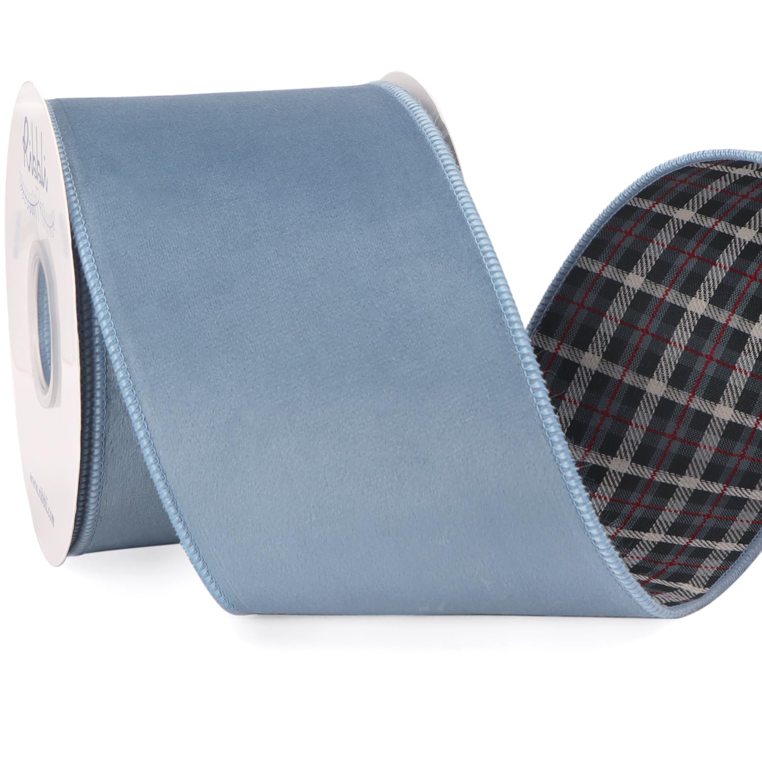 Photo 1 of Ribbli Dusty Blue Velvet Wired Ribbon with Plaid Reversible 4 Inch Christmas Ribbon for Gift Wrapping Christmas Tree Decoration Crafts Wreaths Supplies-Continuous 10 Yards