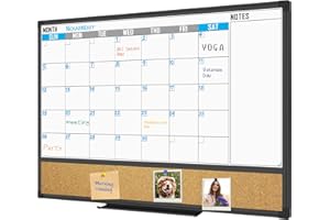 XBoard Dry Erase Calendar Whiteboard 36 X 24 - Combo White Board Calendar Monthly, Magnetic White Board + Corkboard with Black Aluminum Frame, 10 Colorful Push Pins & Marker Tray Included