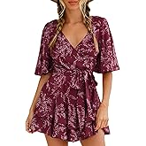 Relipop Women’s Summer Romper Floral V Neck Short Sleeve Waist Tie Ruffle Hem Vacation Outfits 2026 Casual One Piece Jumpsuit