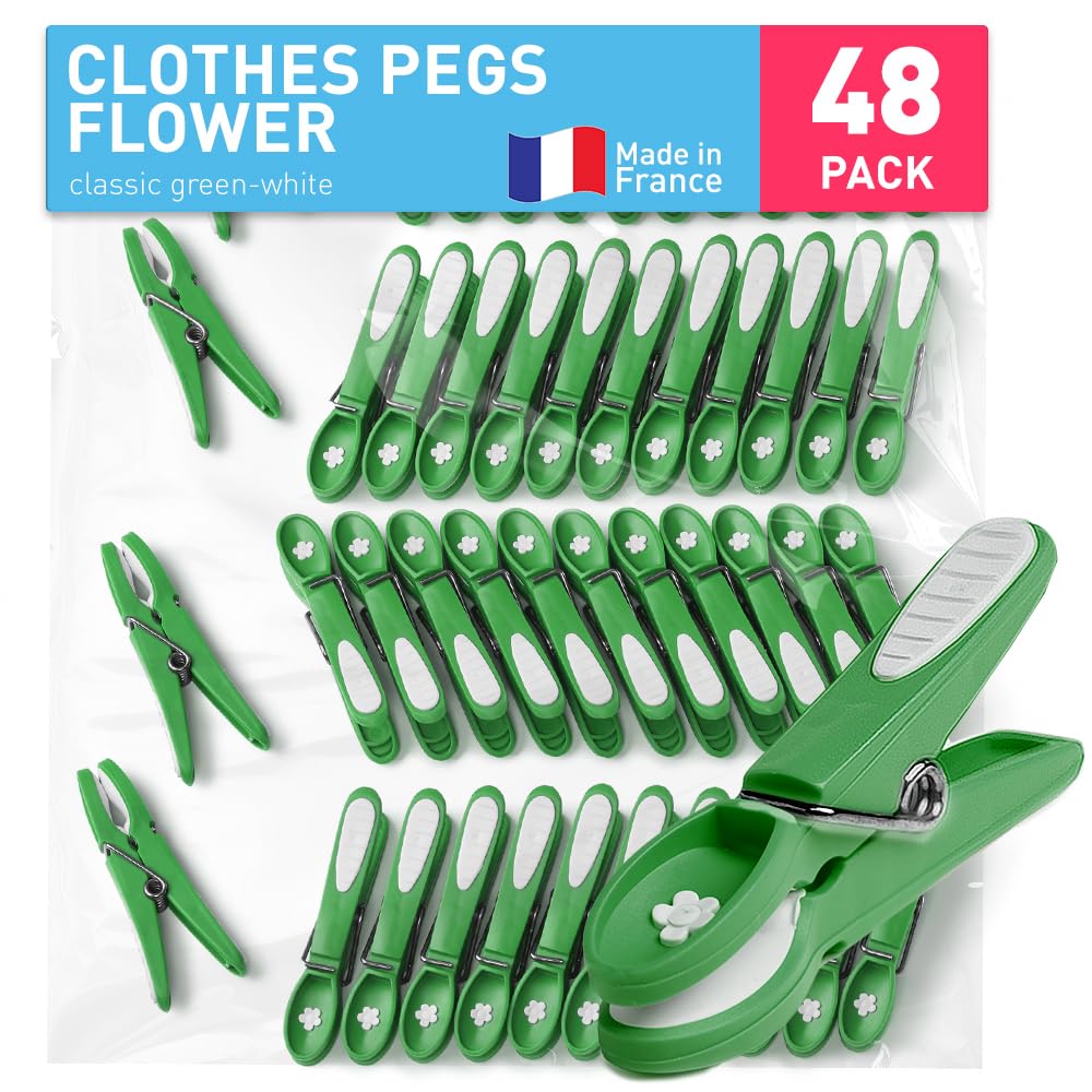 culiclean Clothes Pegs for Washing Line – Strong Soft Grip Washing Pegs "Flower" – Durable Plastic Laundry Pegs for Indoor, Outdoor Use – Heavy Duty Clothes Clips – 48 Pack – classic green-white — image 1