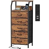 Furnulem 5 Drawers Dresser with Charging Station, Tall Night Stand with Storage Shelf, Fabric Chest of Drawers, Bedside Table for Closet, Entryway, Bedroom Furniture, 3 Ways to Use, Rustic Brown