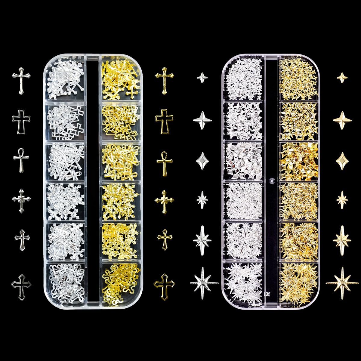 ネイル スタッズ 2ケース 3D 立体 ネイルパーツ スタッズ 星 クロス メタルパーツ スター クロス ジェルネイル ジュエリーパーツ ネイルアート デコパーツ ハンドメイド DIY 手作り ゴールド シルバー (D) の商品画像