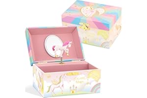 A&A Music Jewelry Box for Girls with Mirror Paired with Magic Unicorn Theme Rotating Playback the Tune for Beautiful Dream Pink-Purple
