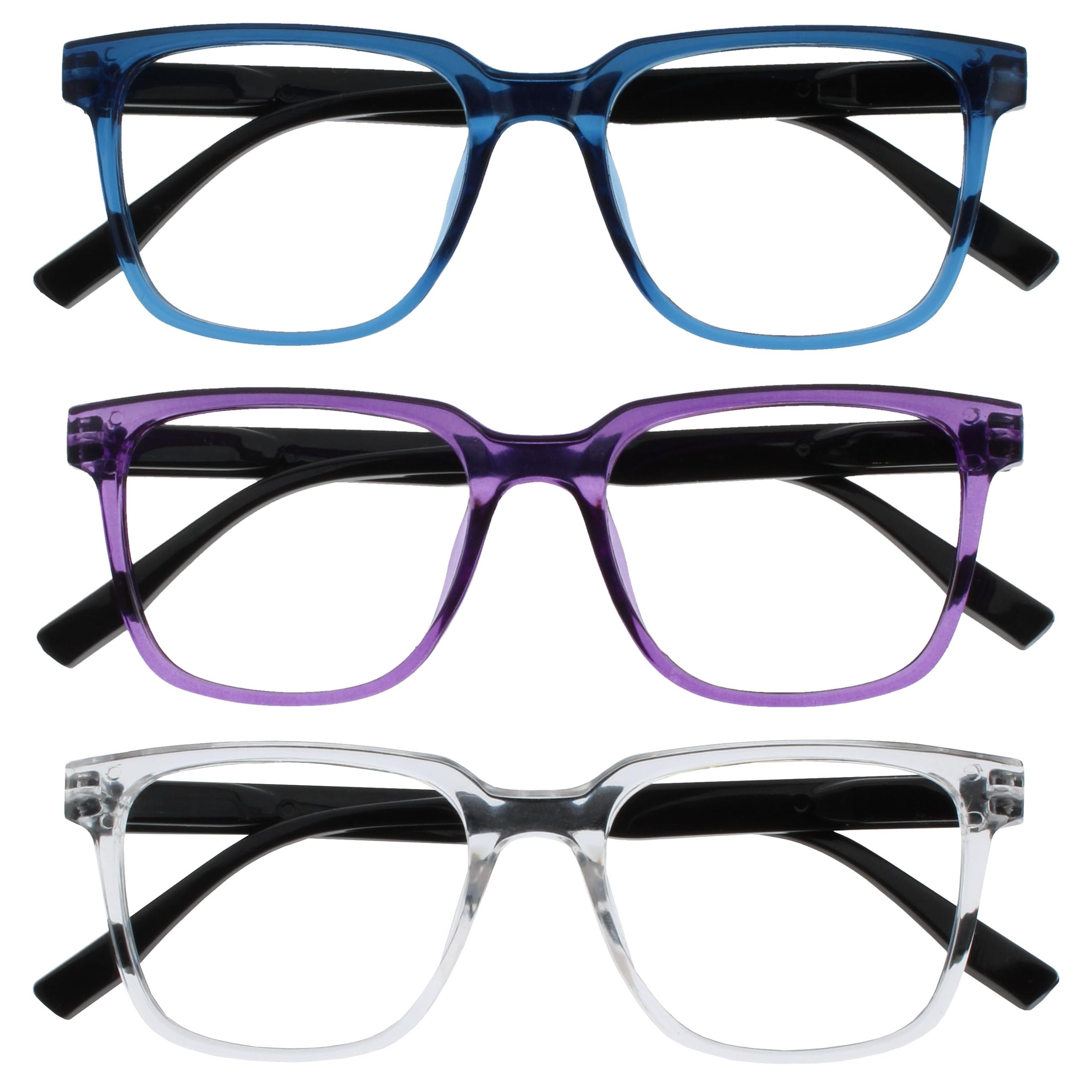 OPULIZE LEO Reading Glasses - 3 -Pack - Large Rectangular Frame - Blue, Purple, Clear - Mens Womens - Spring Hinges - RRR55-35C - +2.00