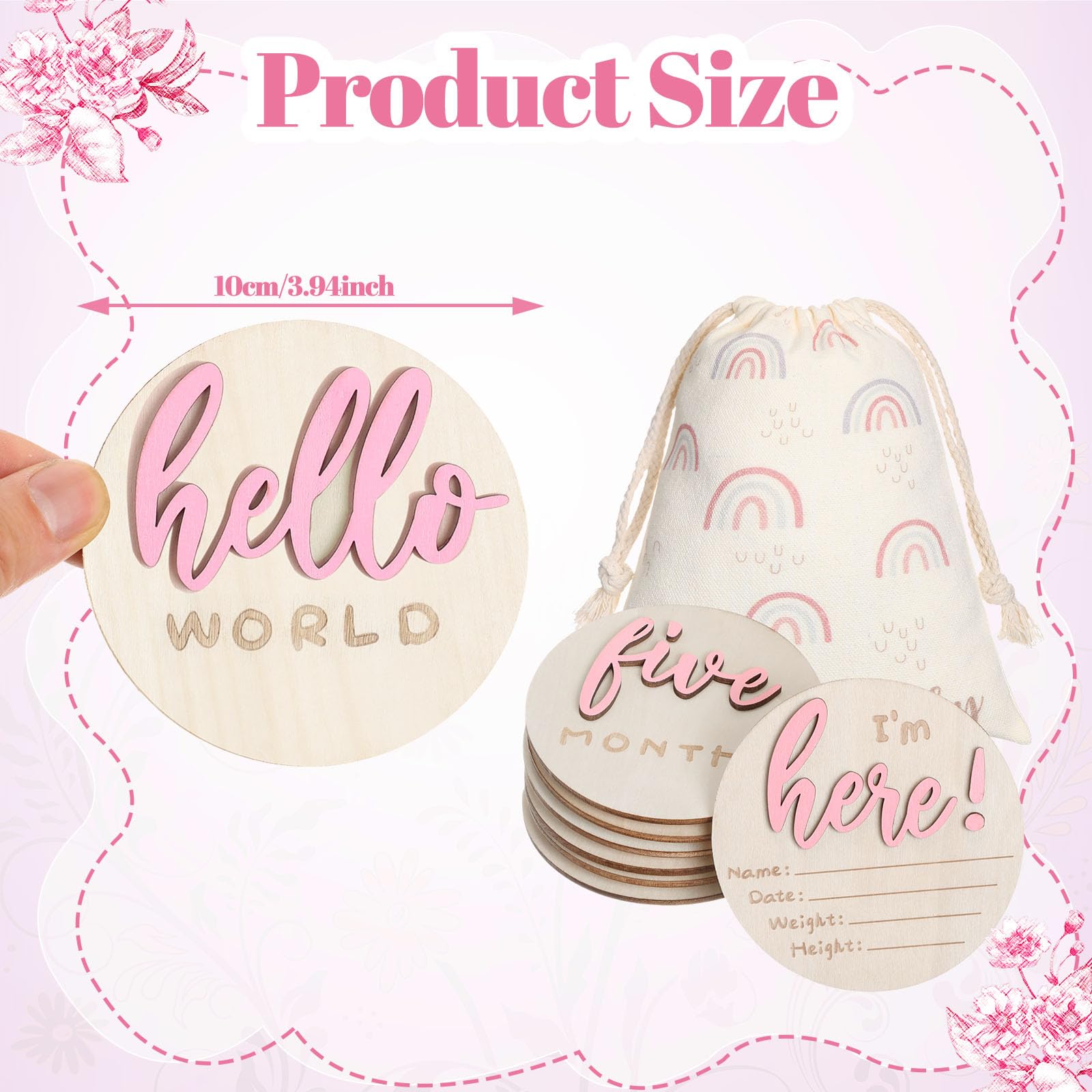 3D Baby Monthly Milestone Card Signs Baby Announcement Sign 7 Pack Double Sided Hello World Newborn Signs Wooden Circles Discs for Welcome Newborn Shower Boy Girl Photo Props(Pink)