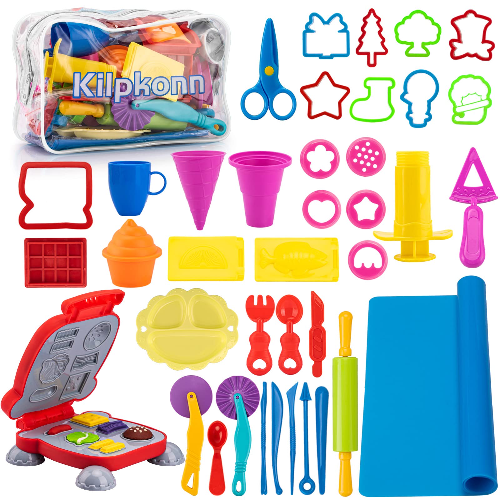 Dough Tools Sets for Kids, 41Pcs Dough Sets, Dough Accessories Mold Creation Breakfast Burger & Pasta, Rollers Rolling Pin with Storage Bag, Arts and Crafts Kits Gift for Boys Girls